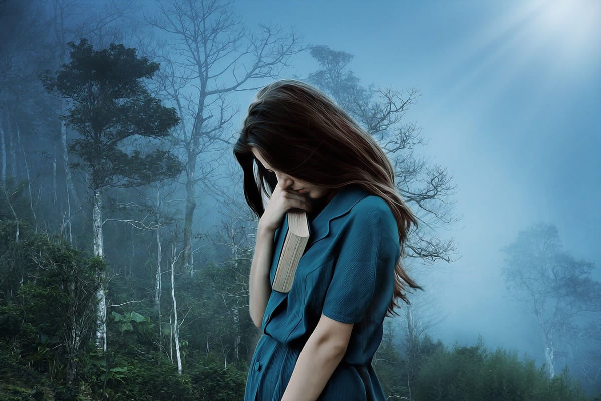 girl in woods hard pressed on every side