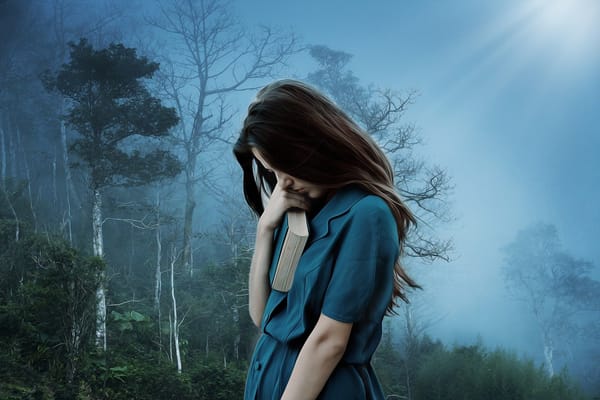 girl in woods hard pressed on every side
